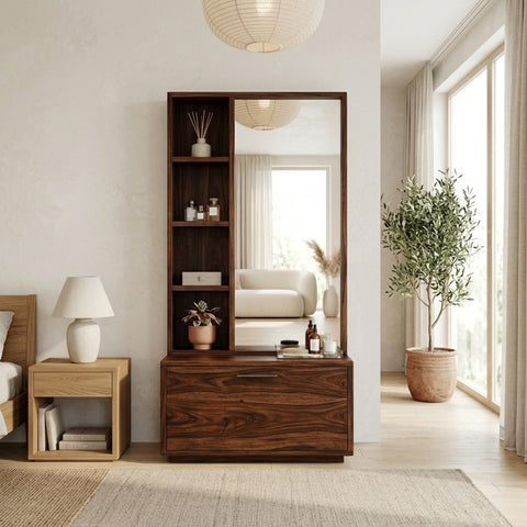 PRITI Sheesham Wood Dressing Table with Mirror and Storage (Dark Walnut Finish)