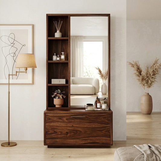 PRITI Sheesham Wood Dressing Table with Mirror and Storage (Dark Walnut Finish)