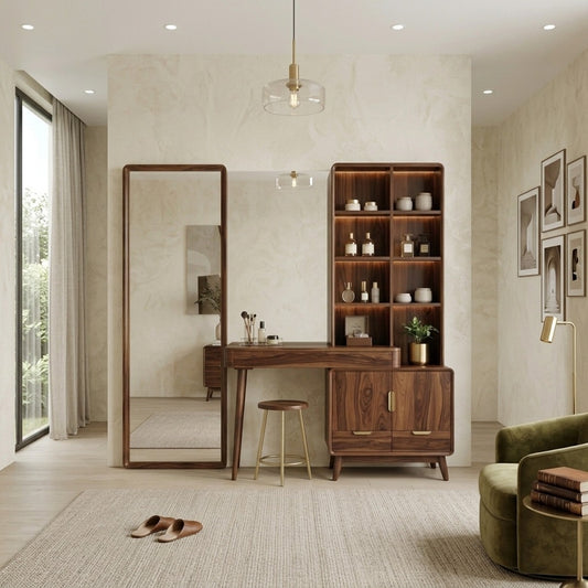 PRITI Sheesham Wood Dressing Table with Mirror and Storage (Dark Walnut Finish)