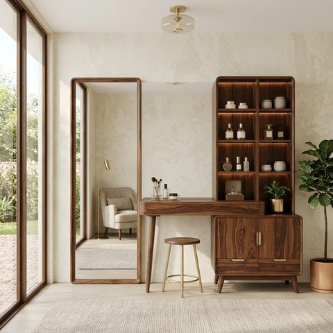 PRITI Sheesham Wood Dressing Table with Mirror and Storage (Dark Walnut Finish)