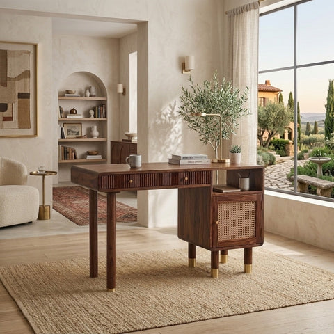 PRITI Modern Designer Sheesham Wood Study Table with Cane Accents & Drawer Storage