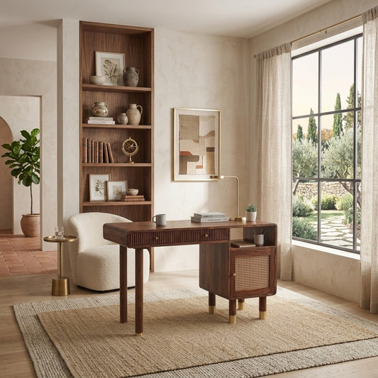 PRITI Modern Designer Sheesham Wood Study Table with Cane Accents & Drawer Storage