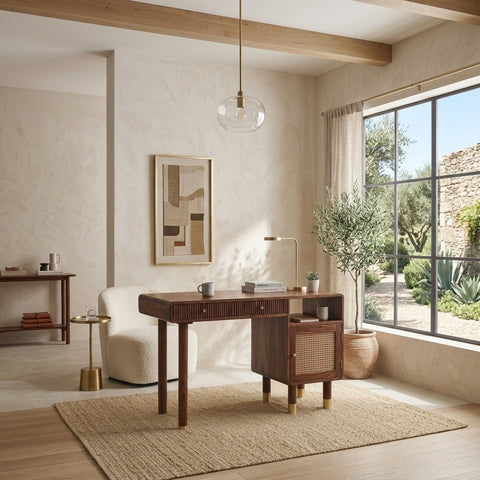 PRITI Modern Designer Sheesham Wood Study Table with Cane Accents & Drawer Storage
