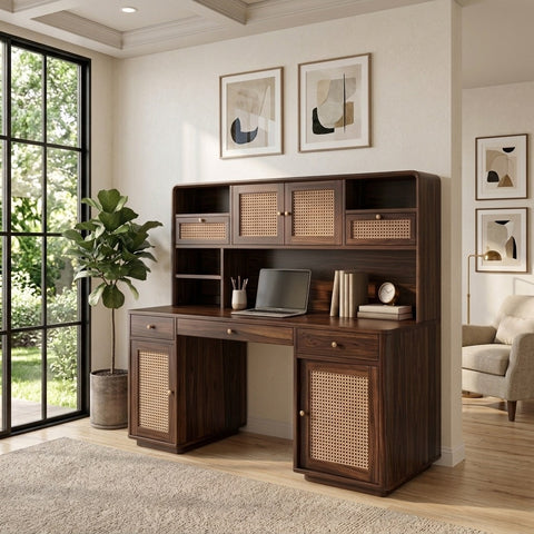 PRITI Premium Handcrafted Sheesham Wood Study Table with Cane Detailing & Hutch – Dark Walnut Finish