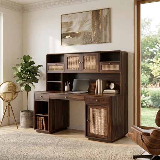 PRITI Premium Handcrafted Sheesham Wood Study Table with Cane Detailing & Hutch – Dark Walnut Finish