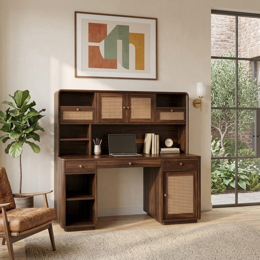 PRITI Premium Handcrafted Sheesham Wood Study Table with Cane Detailing & Hutch – Dark Walnut Finish