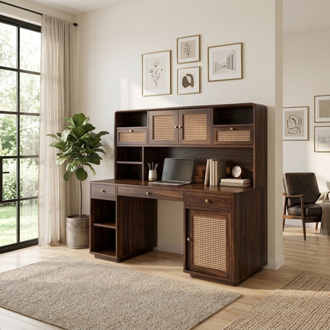 PRITI Premium Handcrafted Sheesham Wood Study Table with Cane Detailing & Hutch – Dark Walnut Finish