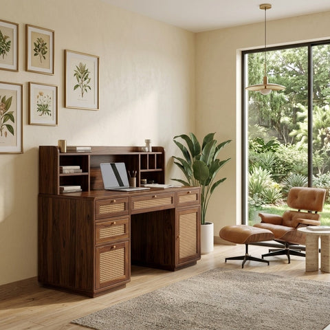 PRITI Handcrafted Sheesham Wood Study Table with Cane Detailing – Premium Home Office Desk