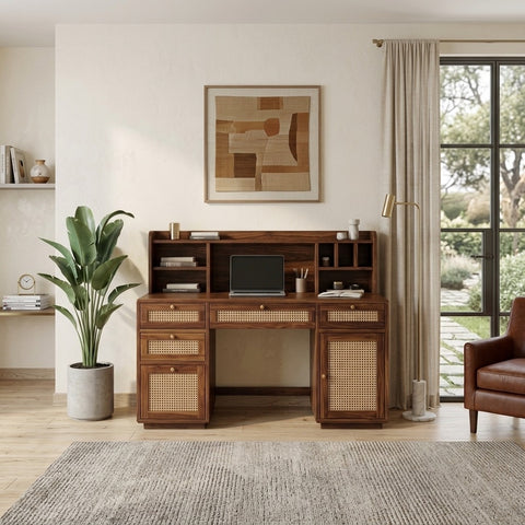 PRITI Handcrafted Sheesham Wood Study Table with Cane Detailing – Premium Home Office Desk