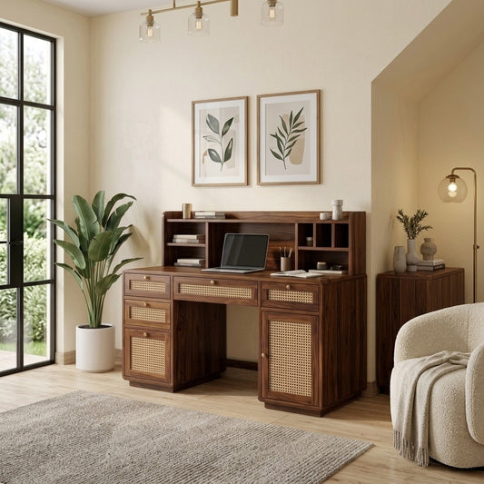 PRITI Handcrafted Sheesham Wood Study Table with Cane Detailing – Premium Home Office Desk