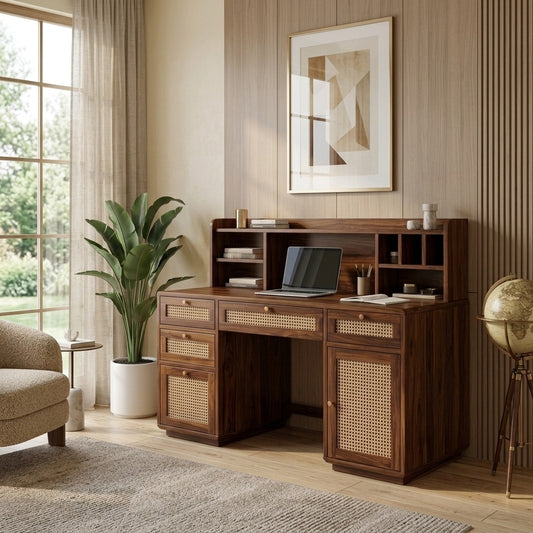 PRITI Handcrafted Sheesham Wood Study Table with Cane Detailing – Premium Home Office Desk