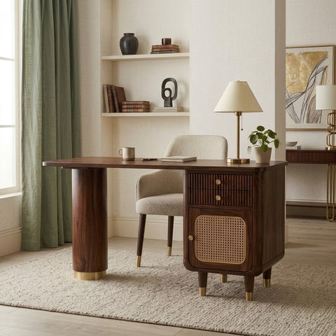 PRITI Modern Designer Sheesham Wood Study Table with Cane Accents & Drawer Storage