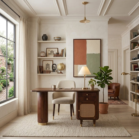 PRITI Modern Designer Sheesham Wood Study Table with Cane Accents & Drawer Storage