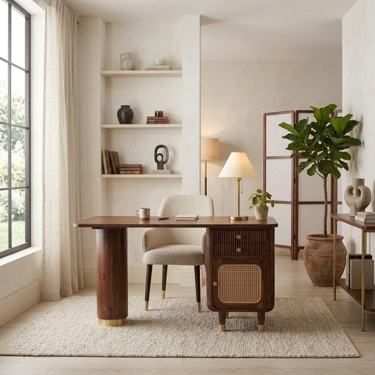 PRITI Modern Designer Sheesham Wood Study Table with Cane Accents & Drawer Storage