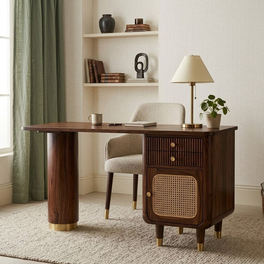 PRITI Modern Designer Sheesham Wood Study Table with Cane Accents & Drawer Storage