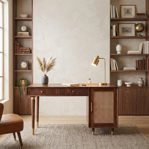 PRITI Modern Designer Sheesham Wood Study Table with Cane Accents & Drawer Storage
