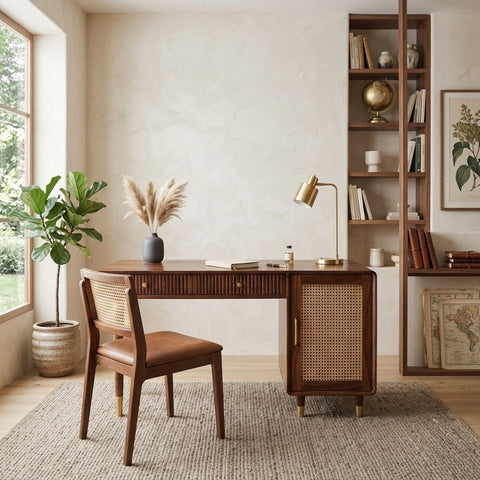 PRITI Modern Designer Sheesham Wood Study Table with Cane Accents & Drawer Storage