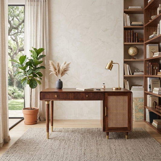PRITI Modern Designer Sheesham Wood Study Table with Cane Accents & Drawer Storage