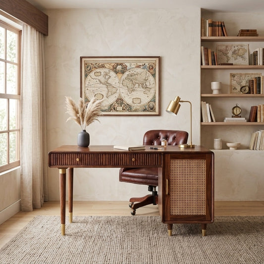 PRITI Modern Designer Sheesham Wood Study Table with Cane Accents & Drawer Storage