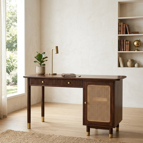 PRITI Modern Designer Sheesham Wood Study Table with Cane Accents & Drawer Storage