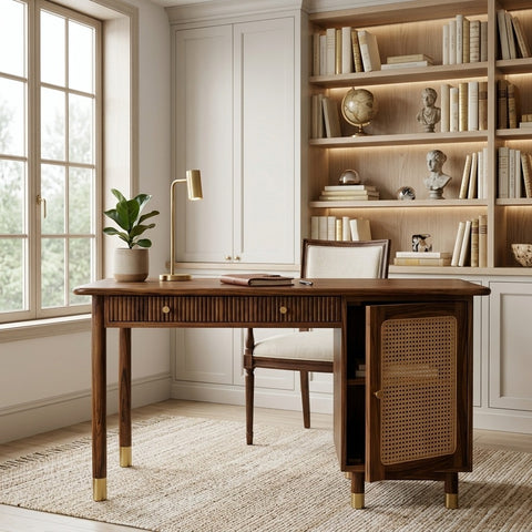 PRITI Modern Designer Sheesham Wood Study Table with Cane Accents & Drawer Storage
