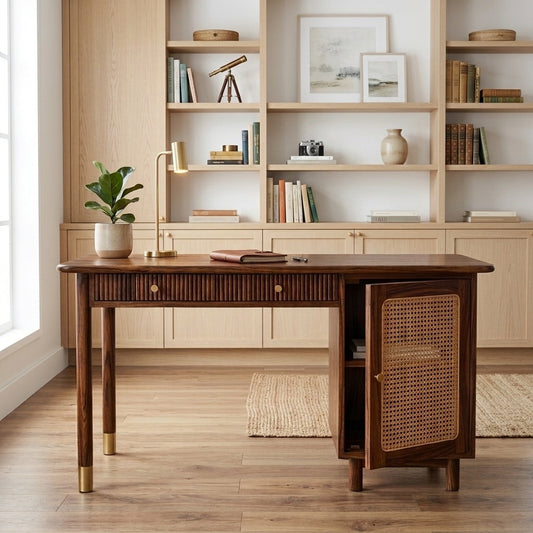 PRITI Modern Designer Sheesham Wood Study Table with Cane Accents & Drawer Storage