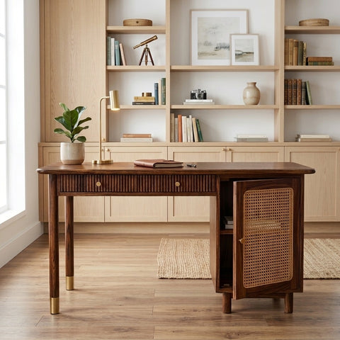 PRITI Modern Designer Sheesham Wood Study Table with Cane Accents & Drawer Storage