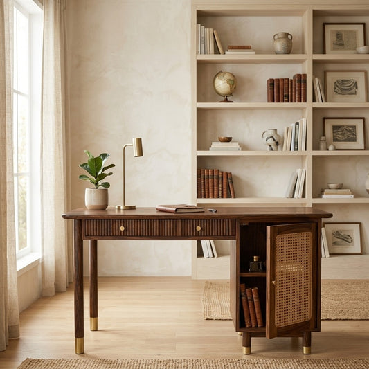 PRITI Modern Designer Sheesham Wood Study Table with Cane Accents & Drawer Storage