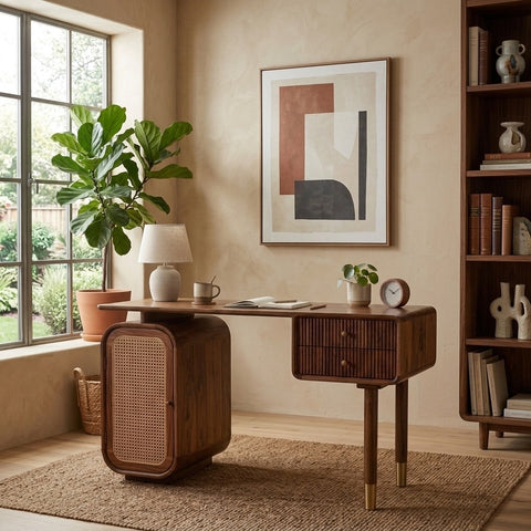 PRITI Modern Designer Sheesham Wood Study Table with Cane Accents & Drawer Storage
