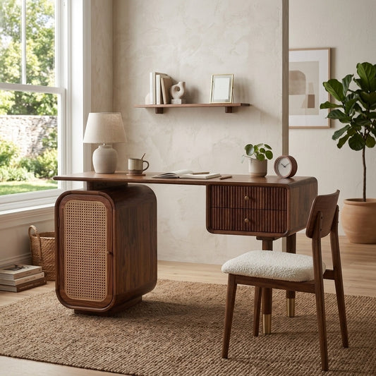 PRITI Modern Designer Sheesham Wood Study Table with Cane Accents & Drawer Storage