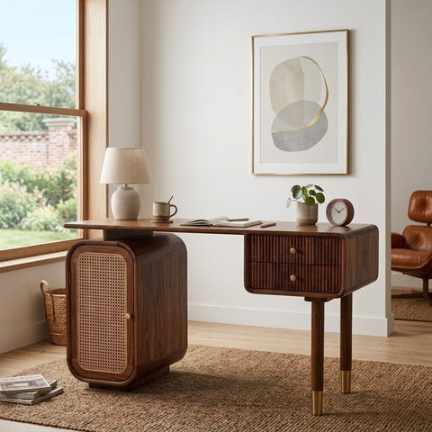 PRITI Modern Designer Sheesham Wood Study Table with Cane Accents & Drawer Storage