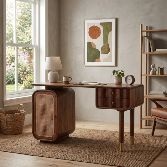 PRITI Modern Designer Sheesham Wood Study Table with Cane Accents & Drawer Storage