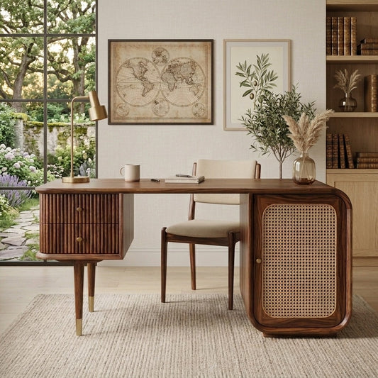 PRITI Modern Designer Sheesham Wood Study Table with Cane Accents & Drawer Storage