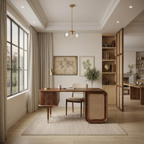 PRITI Modern Designer Sheesham Wood Study Table with Cane Accents & Drawer Storage