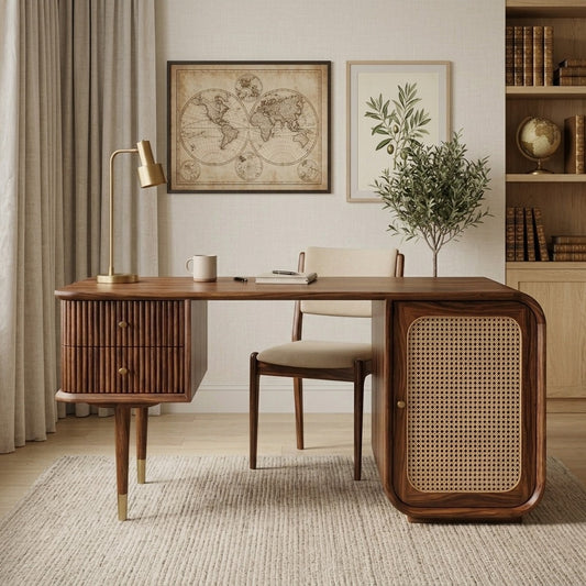 PRITI Modern Designer Sheesham Wood Study Table with Cane Accents & Drawer Storage