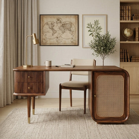 PRITI Modern Designer Sheesham Wood Study Table with Cane Accents & Drawer Storage
