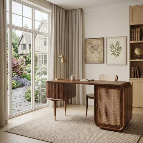 PRITI Modern Designer Sheesham Wood Study Table with Cane Accents & Drawer Storage