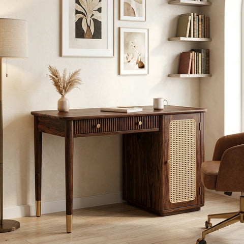 PRITI Modern Designer Sheesham Wood Study Table with Cane Accents & Drawer Storage
