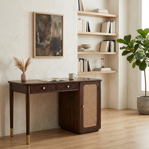 PRITI Modern Designer Sheesham Wood Study Table with Cane Accents & Drawer Storage