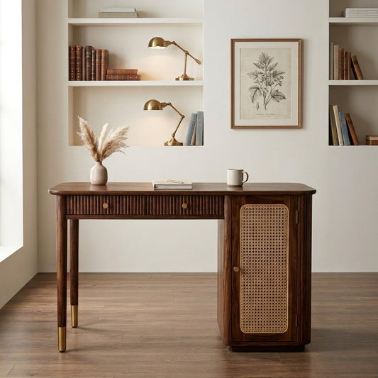 PRITI Modern Designer Sheesham Wood Study Table with Cane Accents & Drawer Storage