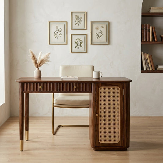PRITI Modern Designer Sheesham Wood Study Table with Cane Accents & Drawer Storage