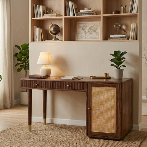 PRITI Modern Designer Sheesham Wood Study Table with Cane Accents & Drawer Storage