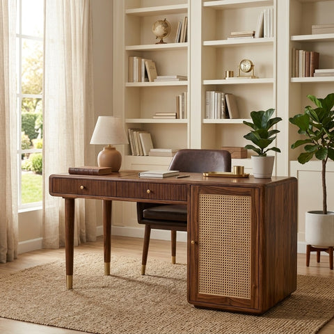 PRITI Modern Designer Sheesham Wood Study Table with Cane Accents & Drawer Storage