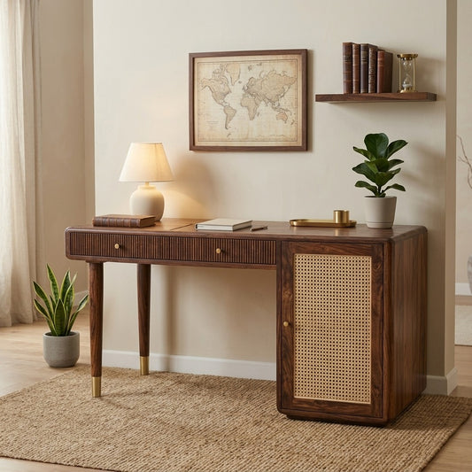 PRITI Modern Designer Sheesham Wood Study Table with Cane Accents & Drawer Storage