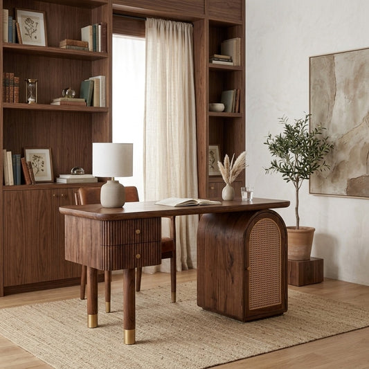 PRITI Modern Designer Sheesham Wood Study Table with Cane Accents & Drawer Storage