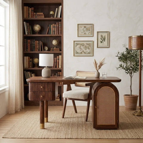 PRITI Modern Designer Sheesham Wood Study Table with Cane Accents & Drawer Storage
