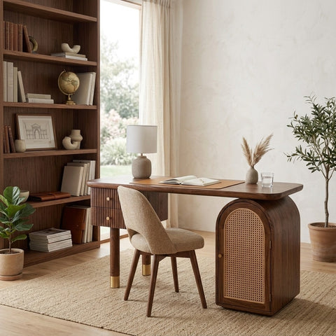 PRITI Modern Designer Sheesham Wood Study Table with Cane Accents & Drawer Storage