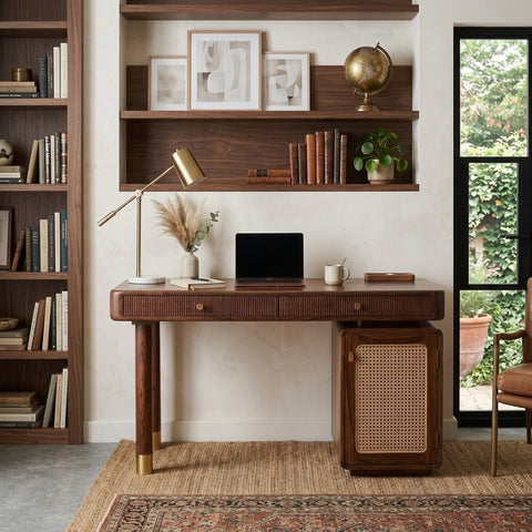 PRITI Modern Designer Sheesham Wood Study Table with Cane Accents & Drawer Storage