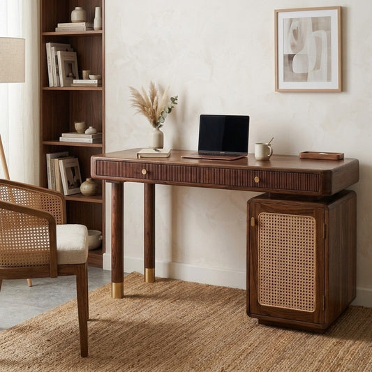 PRITI Modern Designer Sheesham Wood Study Table with Cane Accents & Drawer Storage