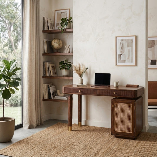 PRITI Modern Designer Sheesham Wood Study Table with Cane Accents & Drawer Storage